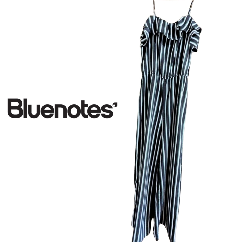 Bluenotes Romper, size med, EUC, black, green, white & green stripe pattern
